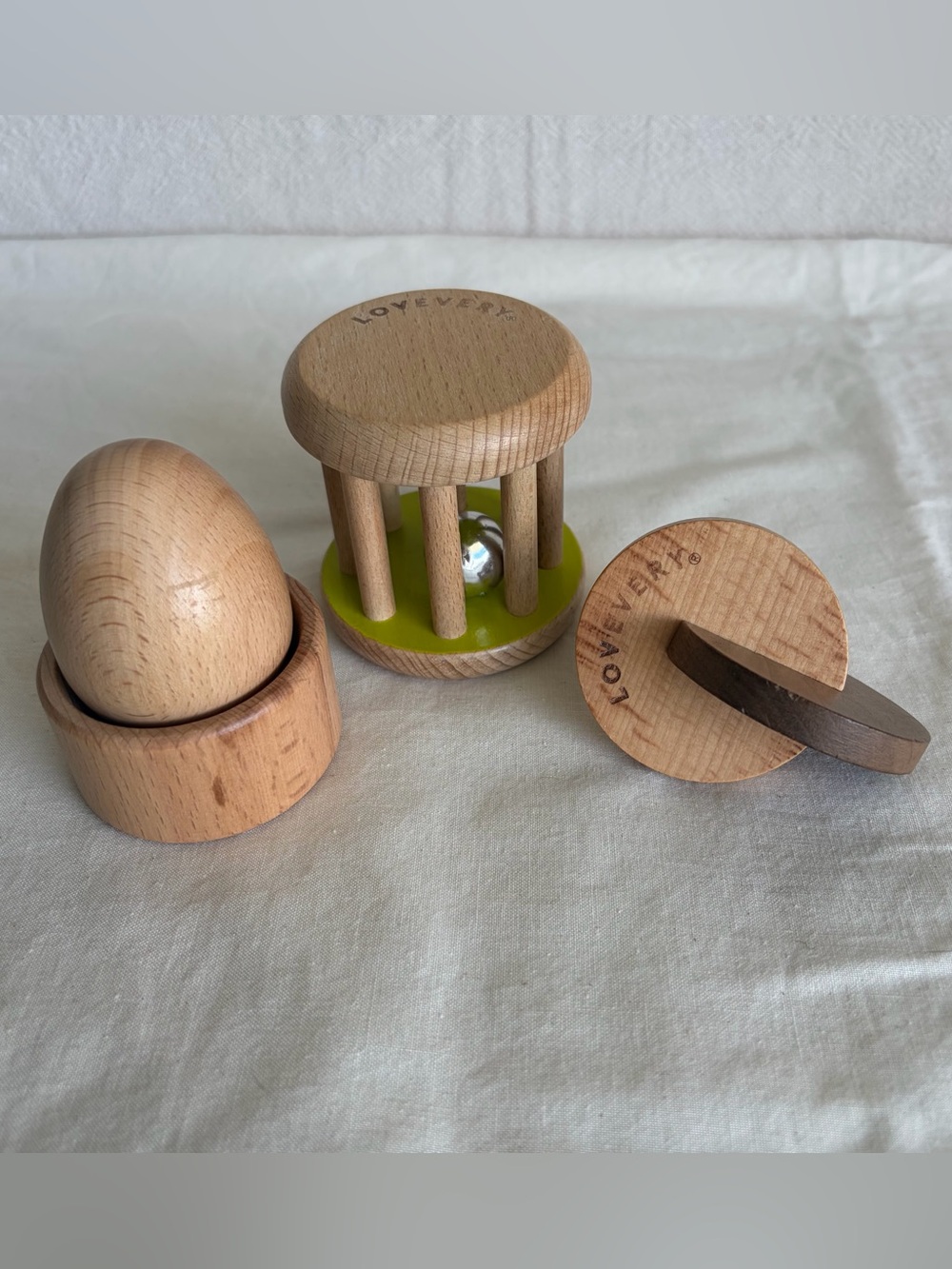 Set of 3 Lovevery Baby Toys Montessori Egg Cup, Hand to Hand Discs, Rolling Bell
